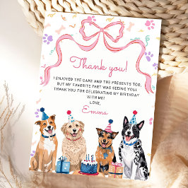 犬の子犬 ピンクのリボン 女の子の誕生日パーティー サンキューカード