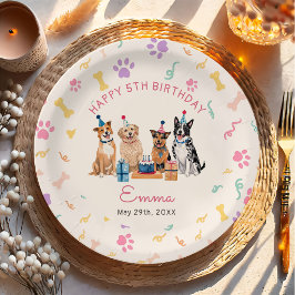 犬の子犬 ピンクのリボン 女の子の誕生日 紙皿