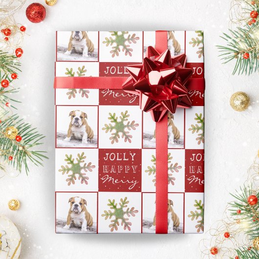 犬の子犬 ペット 写真 雪の結晶 赤 クリスマス ラッピングペーパー