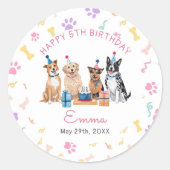 犬の子 ピンクのリボン 女の子の誕生日パーティー ラウンドシール (正面)