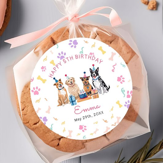 犬の子 ピンクのリボン 女の子の誕生日パーティー ラウンドシール