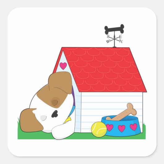 犬の家で眠っている犬 スクエアシール (正面)