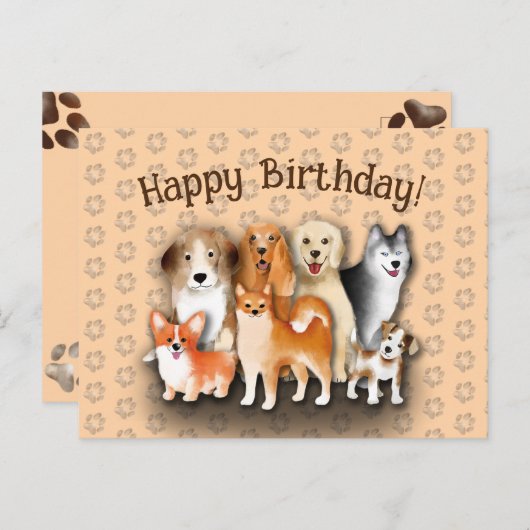 犬の家族のハッピーバースデー犬の足跡パターン ポストカード (正面/裏面)