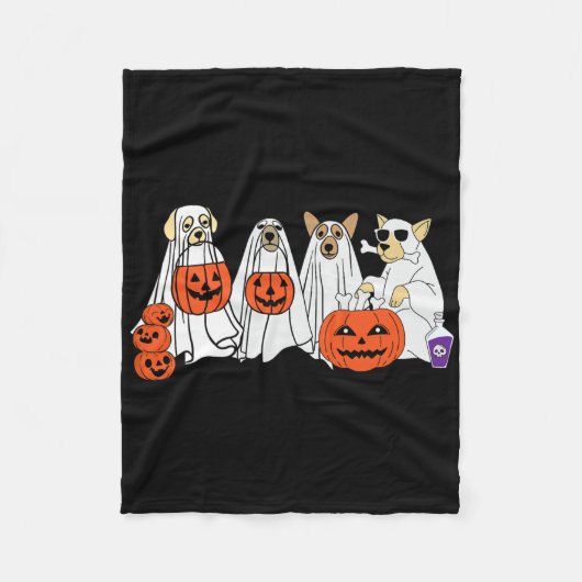 犬の幽霊かわいい犬幽霊ハロウィーの服を着おもしろいる フリースブランケット (正面)