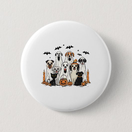 犬の幽霊かわいい犬幽霊ハロウィーの服を着おもしろいる 缶バッジ (正面)