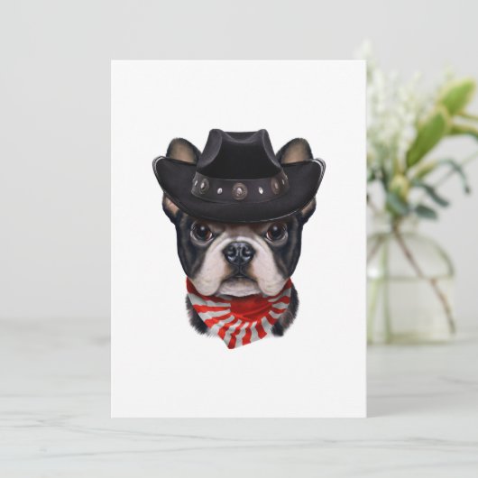 犬の恋人のためのカウボーイフランスのハットとフラッグブルドッグ 案内状 (スタンド正面)