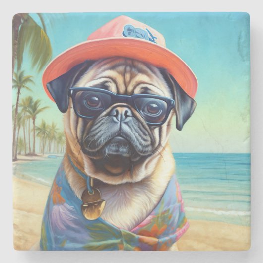 犬の恋人のためのビーチ、夏の贈り物にパグ ストーンコースター (正面)