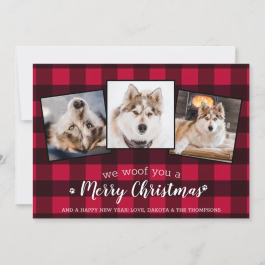 犬の恋人のカスタムペット写真レッドプレイドクリスマス シーズンカード (正面)