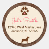 犬の恋人の住所のためのピンクと茶色のポープリント ラウンドシール (正面)