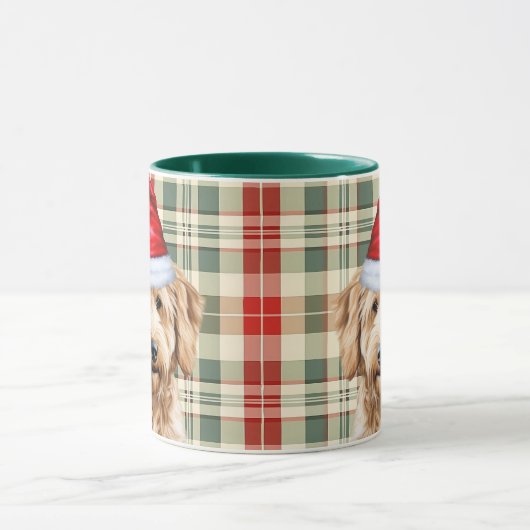 犬の恋人の赤い緑の格子模様ゴールデンドールホリデー マグカップ (中央)