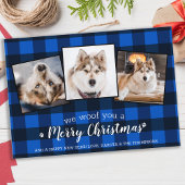 犬の恋人カスタム3ペット写真ブループレイドクリスマス シーズンカード