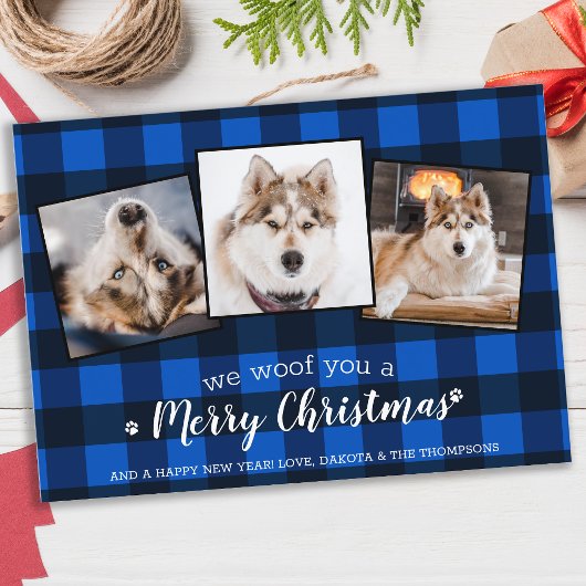 犬の恋人カスタム3ペット写真ブループレイドクリスマス シーズンカード