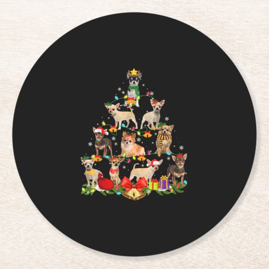 犬の恋人ギフトChihuahuaツリークリスマスライト ラウンドペーパーコースター (正面)