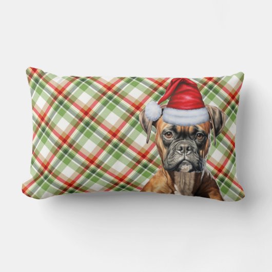 犬の恋人クリスマスボクサードッグとホリデープレイド ランバークッション (正面)