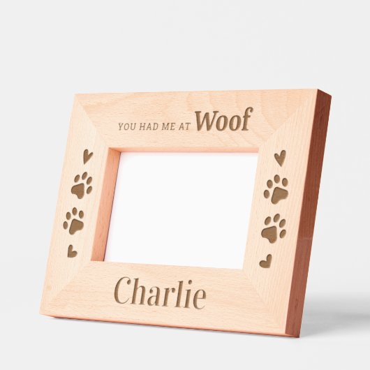犬の恋人 – WOOF – 木製パーソナライズされた写真 レーザー彫刻フレーム (左)
