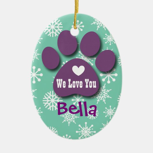 犬の恋人A5のためのかわいい犬の足のプリントそして雪片 セラミックオーナメント (正面)