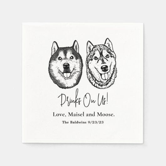 犬の手のカップルパーソナライズされたスケッチ飲み物 スタンダードカクテルナプキン (正面)