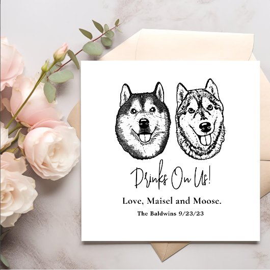 犬の手のカップルパーソナライズされたスケッチ飲み物 スタンダードカクテルナプキン