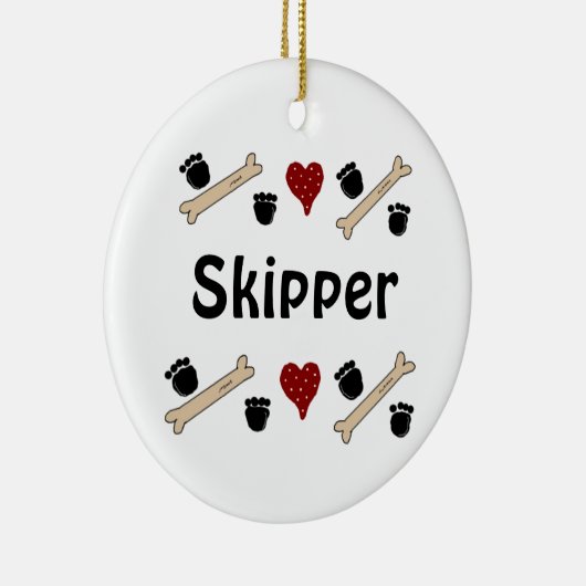 犬の手のプリントと名前の付いたボーン セラミックオーナメント (右)