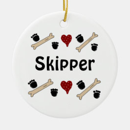 犬の手のプリントと名前の付いたボーン セラミックオーナメント