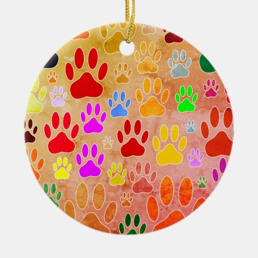 犬の手のプリントヴィンテージの背景 セラミックオーナメント (正面)