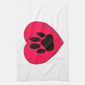 犬の手のプリント付き赤いハート キッチンタオル (縦)
