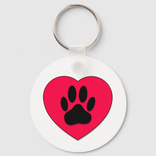 犬の手のプリント付き赤いハート キーホルダー (正面)