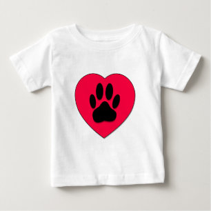 犬の手のプリント付き赤いハート ベビーTシャツ