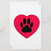 犬の手のプリント付き赤いハート 便箋 (正面/裏面)