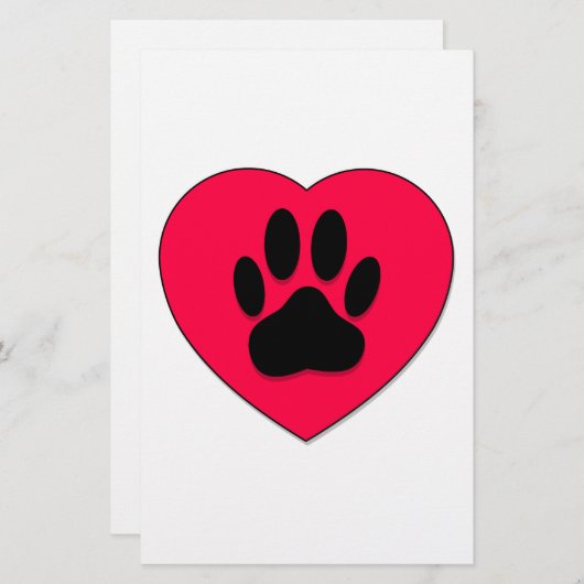 犬の手のプリント付き赤いハート 便箋 (正面/裏面)
