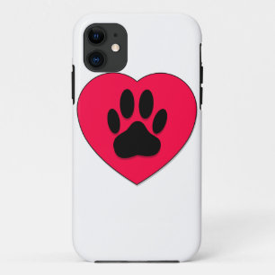 犬の手のプリント付き赤いハート iPhone 11 ケース