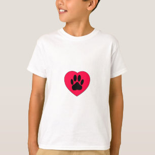 犬の手のプリント付き赤いハート Tシャツ