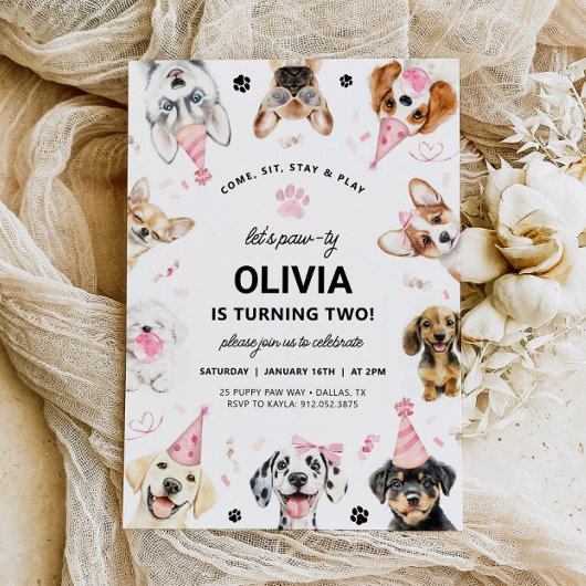 犬の招待状、ピンクの子犬の誕生日招待状 招待状