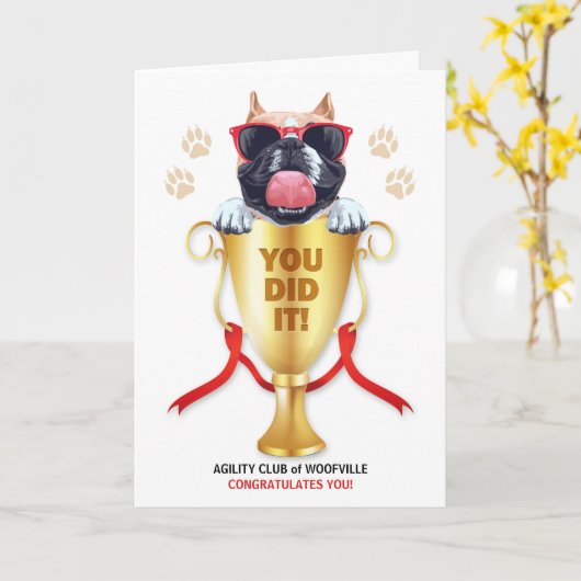 犬の敏捷性お祝いおもしろいトロフィー（名称） カード (黄色い花)