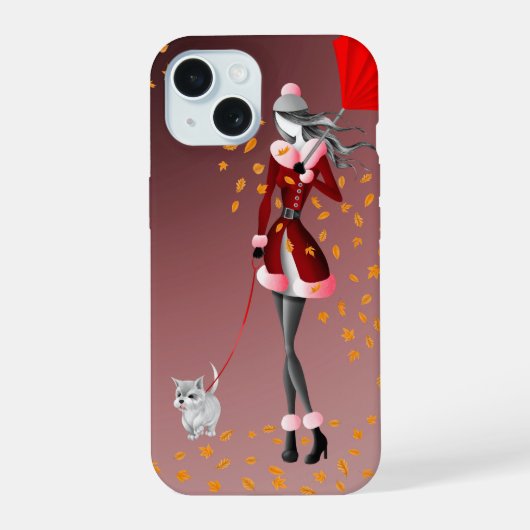 犬の散歩と秋の葉 iPhoneケース iPhone 15ケース (裏面)