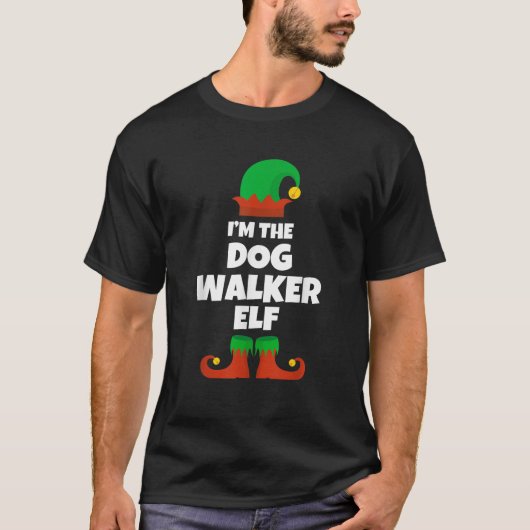 犬の散歩係エルフの家族パジャマ クリスマス 楽しい Tシャツ (正面)