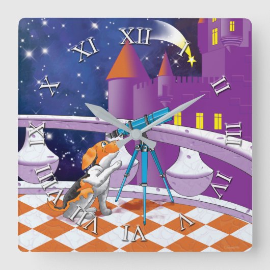 犬の望遠鏡 スクエア壁時計 (正面)