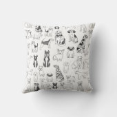 犬の枕 – 白黒の手描き犬 クッション (裏面)