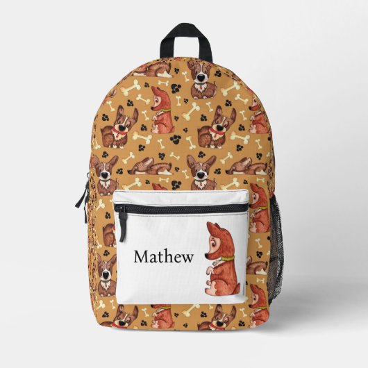 犬の模様の前版画と犬の骨の模様の名前 プリントバックパック (正面)