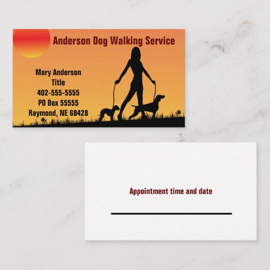犬の歩くカード、2匹の犬の少女のシルエット 名刺 (正面/裏面)