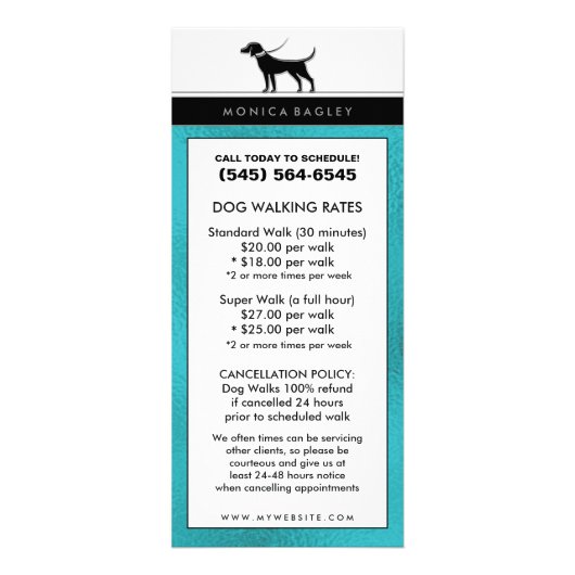 犬の歩く及びペット着席のティール（緑がかった色）の青い棚カード ラックカード (正面)