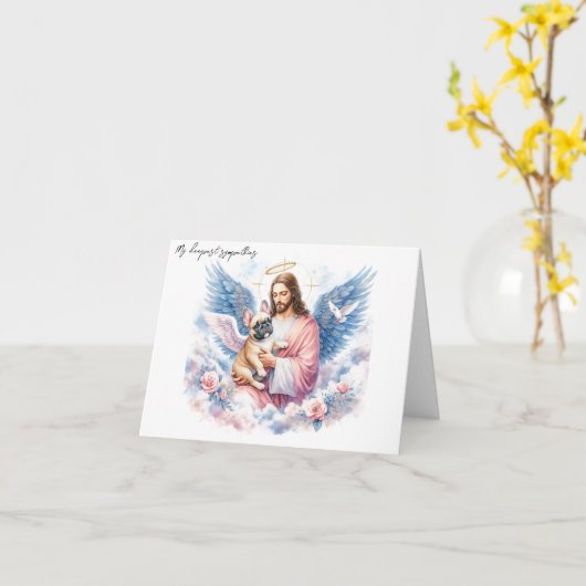 犬の死のための悔やみや弔慰 – プグとイエス カード (黄色い花)