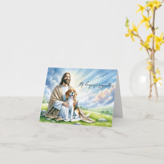 犬の死のカード – ビーグルとイエス カード (黄色い花)