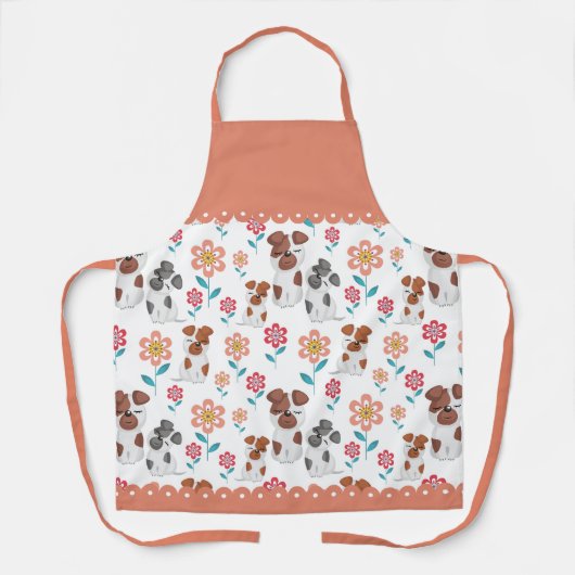 犬の母とベビー、花のパターンと縁ど エプロン (正面)