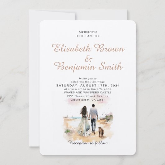 犬の水色のテンプレート結婚式の招待とカップル 招待状 (正面)