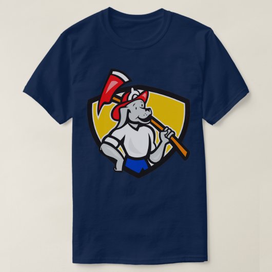 犬の消防士の消防火の斧シールド漫画 Tシャツ (デザイン正面)