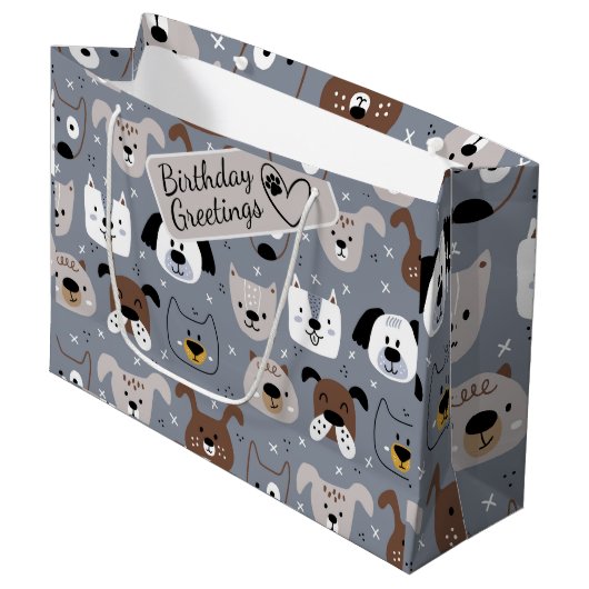 犬の漫画の顔図解入りの、写真付きののシームレスなパターン ラージペーパーバッグ (正面アングル)