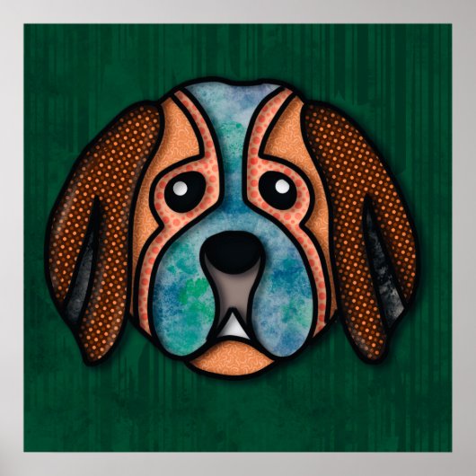 犬の熱狂する顔とカラフル、抽象芸術パターン ポスター (正面)