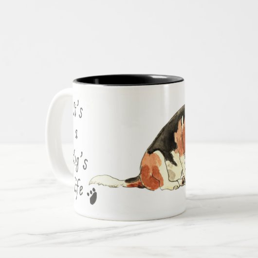 犬の生活かわいいおもしろいビーグル犬のアートスローガン ツートーンマグカップ (正面左)