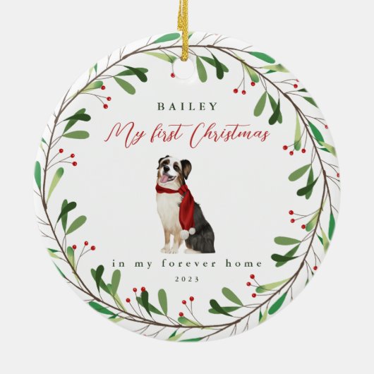 犬の私の初めてのクリスマスと名引き セラミックオーナメント (裏面)